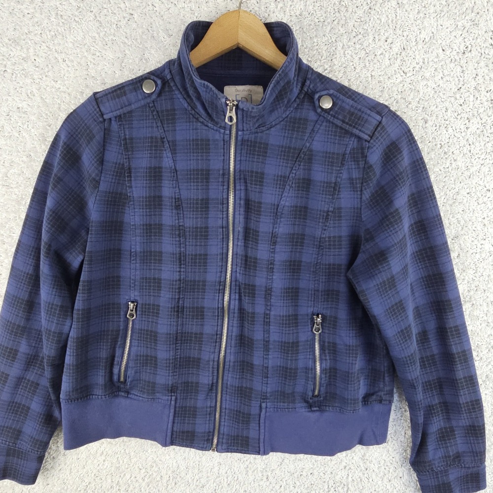 Relativity Blue Black Plaid Bomber Jacket Zipper Pockets Womens Size XL Full Zip